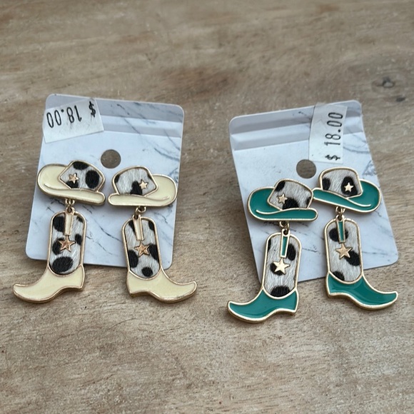Accessories - Cowgirl Boot and Hat Earrings - Gold and Teal